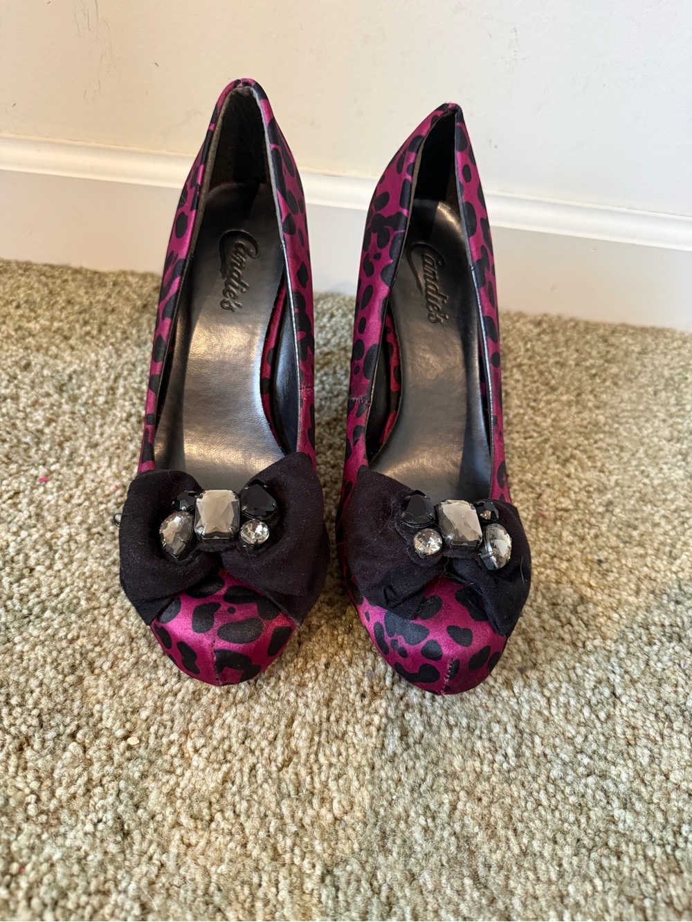 Candie's Fuchsia Leopard Print Bow Pumps with Gem Accents